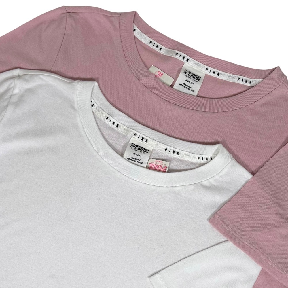 PINK Victoria's Secret 2 Pack Sleep Tees Pink White Curved Hem Size M NWT